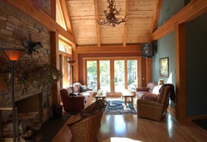 Finished living room in a timber frame home by Log and Timber Works British Columbia